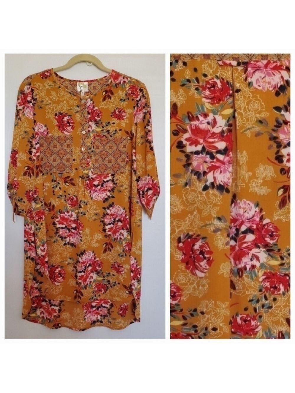 FIG & FLOWER MINI DRESS TUNIC BLOUSE FLORAL PULLOVER BUTTON-UP MUSTARD WOMEN (L)